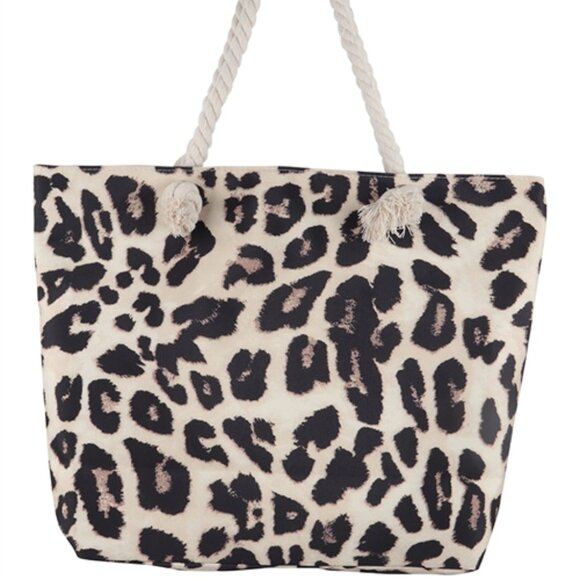 Leopard Print Canvas Tote Bag/ Double Rope Handles - Tan/Blk/Bwn - Style 1 -NWT